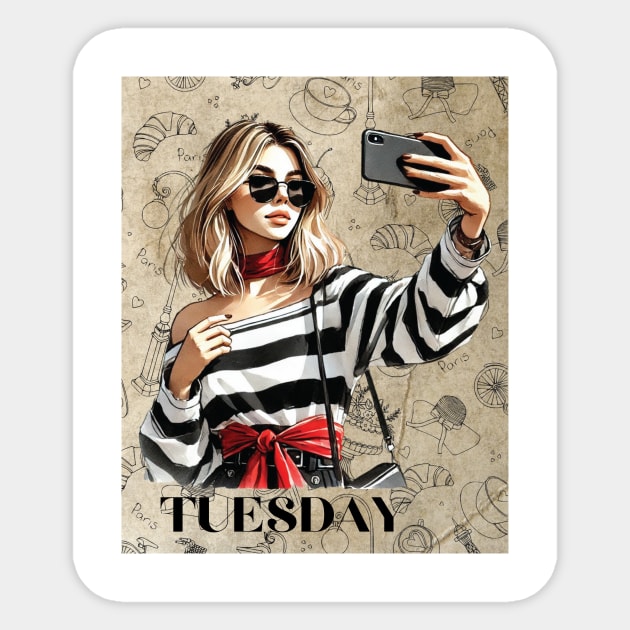 Sticker with days of the week Tuesday  lady with a handbag taking a selfie Sticker by LaKoszulka